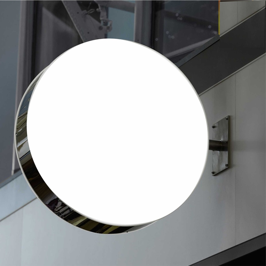 BANDEROLA CIRCULAR LACADA BLANCO FRENTE EN METACRILATO, 60CM DIAMETRO