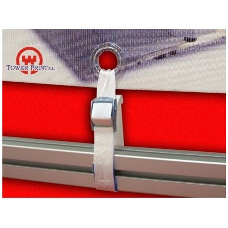 [29CINCHA15] CINCHA BLANCA DE POLIESTER PARA LONAS CON HEBILLA 15 MM X 60CMS. 25 UND