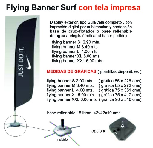 [ADVVELXL/IMPR] DISPLAY + IMPRESION EN TELA FLYING BANNER VELA/SURF XL DE 5 MT CON BASE CRUZ Y FLOTADOR ( GRAFICA DE 4 MTS ) 
